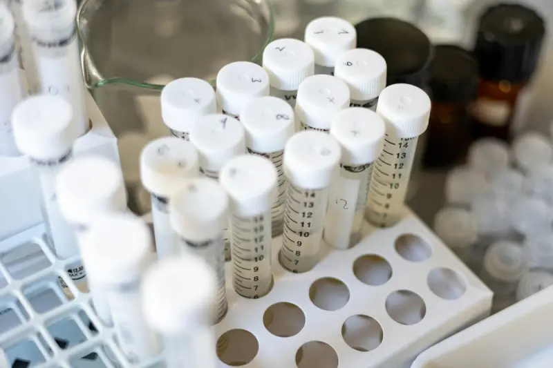 Tubos de laboratorio en una gradilla
